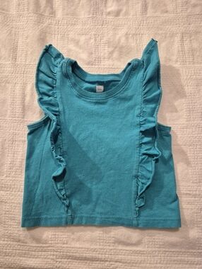 Tea Collection girls size 2 teal green ruffle cap sleeve shirt VGUC